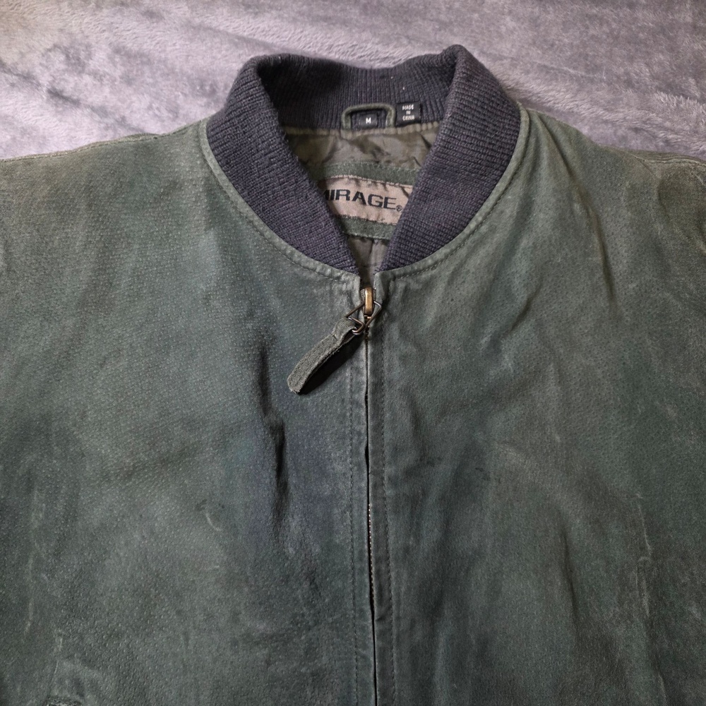 Mirage Jacket Mens Medium Green Leather Bomber Beige Sleeves Full Zip Coat